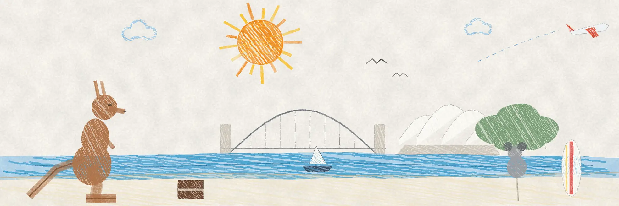 Illustrated Australia scene with a kangaroo on the sand, a harbour bridge and sail-roofed opera house across the water, a sailboat, a koala in a gum tree and a surfboard